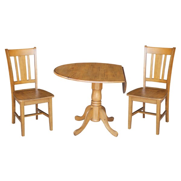 International Concepts Round 42 in Dual Drop Leaf Table with 2 San Remo Chairs, Pecan, 42 in W, 42 in L, 29.5 in H, Wood - K59-42DP-C10