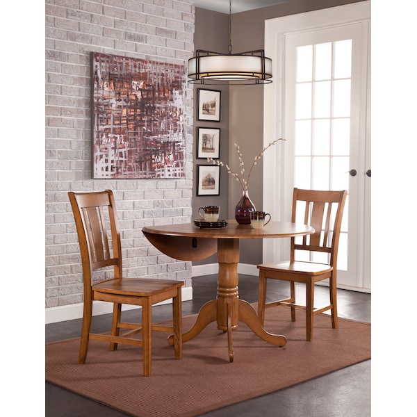 International Concepts Round 42 in Dual Drop Leaf Table with 2 San Remo Chairs, Pecan, 42 in W, 42 in L, 29.5 in H, Wood - K59-42DP-C10