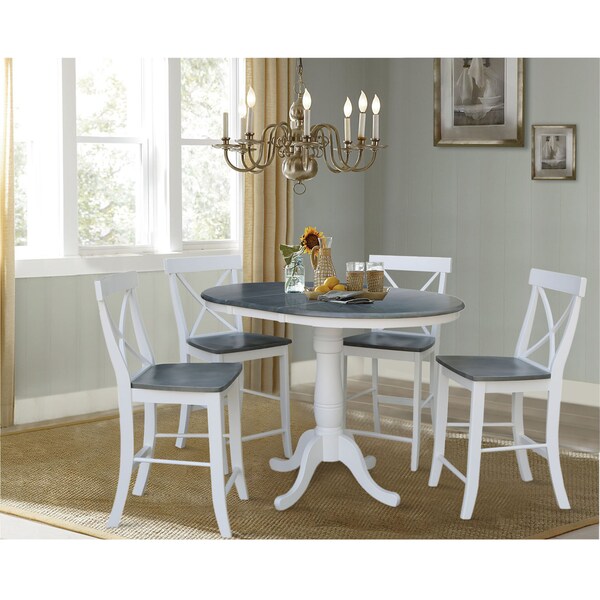 International Concepts Round 36 in Rd Extend Dining Table, 4 X-back Stools, White/Heather Gray, 36 in W, 48 in L, 35.3 in H - K05-36RXT-6B-S6132-4