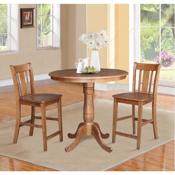 International Concepts Round 36 in Rd Ped Gathering Ht Table, 2 San Remo Stools, Distressed Oak, 36 in W, 36 in L, 35.1 in H - K42-36RT-6B-S102-2
