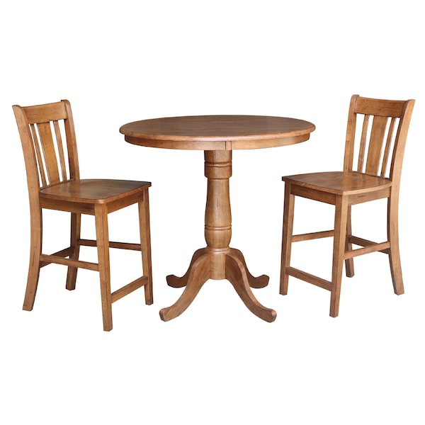 International Concepts Round 36 in Rd Ped Gathering Ht Table, 2 San Remo Stools, Distressed Oak, 36 in W, 36 in L, 35.1 in H - K42-36RT-6B-S102-2