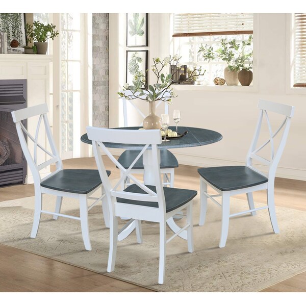 International Concepts Round 42 in. Dual Drop Leaf Dining Table with 4 X-back Chairs - 5 Piece Dining Set, 42 in W, Wood - K05-42DP-C613-4