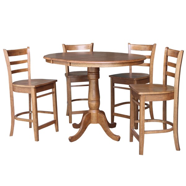 International Concepts Round 36 in Round Extension Dining Table with 4 Stools, Distressed Oak, 36 in W, 48 in L, 35.3 in H - K42-36RXT-6B-S6172-4