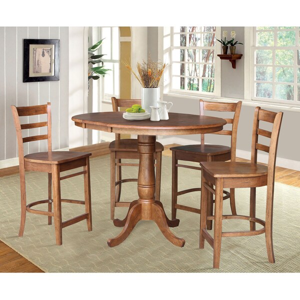 International Concepts Round 36 in Round Extension Dining Table with 4 Stools, Distressed Oak, 36 in W, 48 in L, 35.3 in H - K42-36RXT-6B-S6172-4