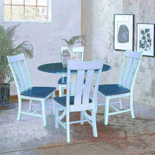 International Concepts Round 42 in. Dual Drop Leaf Dining Table with 4 Slat Back Chairs - 5 Piece Dining Set, 42 in W - K05-42DP-C13-4