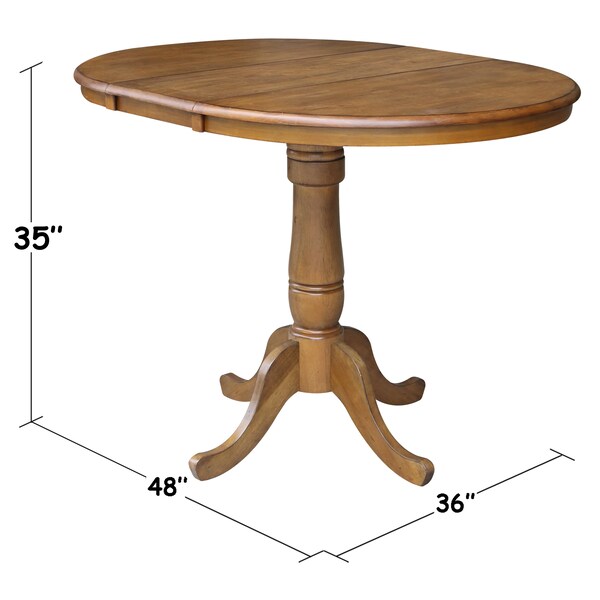 International Concepts Round 36 in Rd Top Pedestal Table, 12 in Leaf, 34.9 inH, Adjustable Height, Pecan, 36 in W, 48 in L - K59-36RXT-6B