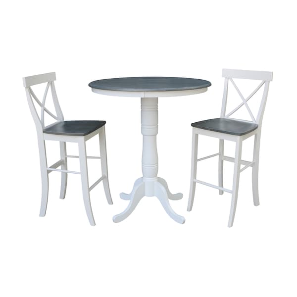 International Concepts Round 36 in Rd Pedestal Bar Ht Table, 2 X-Back Bar Ht Stools, White/Heather Gray, 36 in W, 36 in L - K05-36RT-6B-S6133-2
