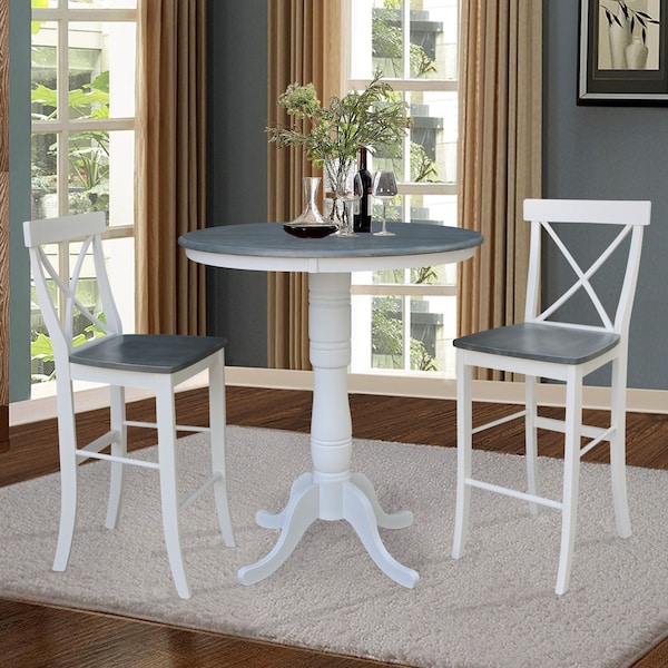 International Concepts Round 36 in Rd Pedestal Bar Ht Table, 2 X-Back Bar Ht Stools, White/Heather Gray, 36 in W, 36 in L - K05-36RT-6B-S6133-2