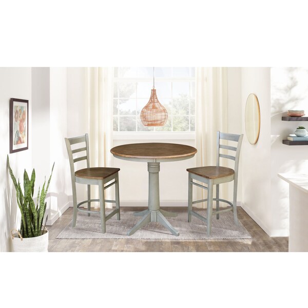 International Concepts Round 36 in Rd Ped Gathering Ht Table, 2 Emily Counter Ht Stools, Hickory/Stone, 36 in W, 36 in L - K41-36RT-27B-S6172-2