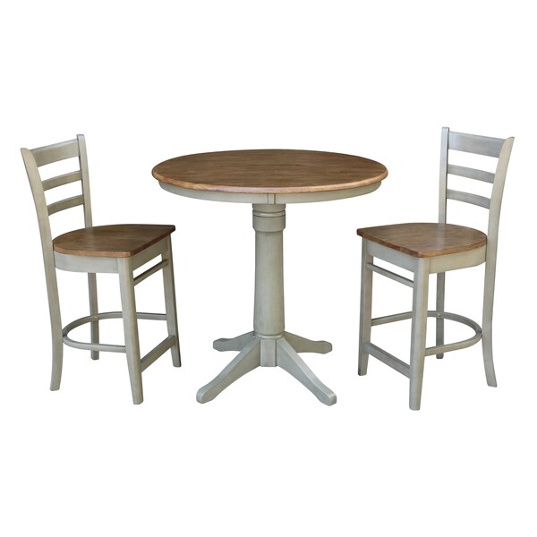 International Concepts Round 36 in Rd Ped Gathering Ht Table, 2 Emily Counter Ht Stools, Hickory/Stone, 36 in W, 36 in L - K41-36RT-27B-S6172-2