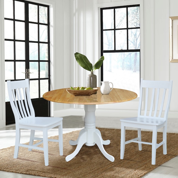 International Concepts 42 in. Dual Drop Leaf Table with 2 Slat Back Dining Chairs - 3 Piece Dining Set - K02-42DP-C08-61P