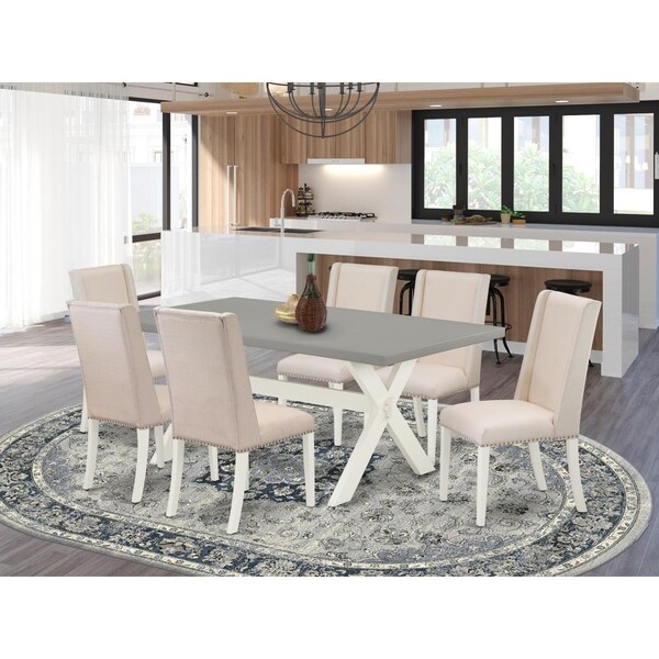 East West Furniture 7 Piece X-Style Fashionable Modern Dining Table Set - Linen White - X097FL201-7