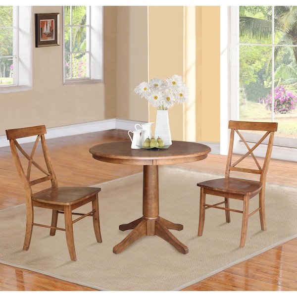 International Concepts Round 36 in Rd Top Pedestal Table, 2 X-Back Chairs, Distressed Oak, 36 in W, 36 in L, 29.1 in H, Wood - K42-36RT-27B-C613-2
