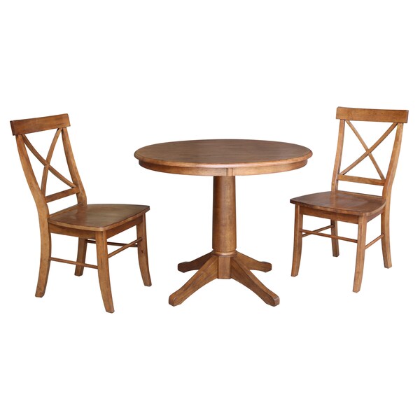 International Concepts Round 36 in Rd Top Pedestal Table, 2 X-Back Chairs, Distressed Oak, 36 in W, 36 in L, 29.1 in H, Wood - K42-36RT-27B-C613-2