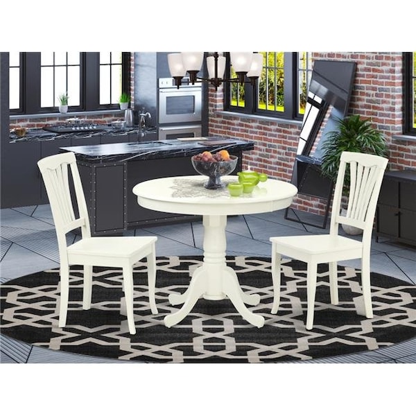 East West Furniture East West Furniture ANAV3-LWH-W 36 in. Antique Round Table & 2 Vertical Slatted Chairs - Linen White; 3 Piece - ANAV3-LWH-W