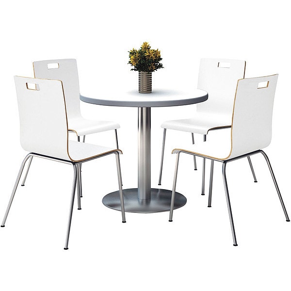 Kfi Round Crisp Linen Table Set, 4 White Chairs, 42", 21" (Chair) L, 34"(Chair) H, HPL, Crisp Linen - T42RD-B1922SL-CL-9222CH-WHITE