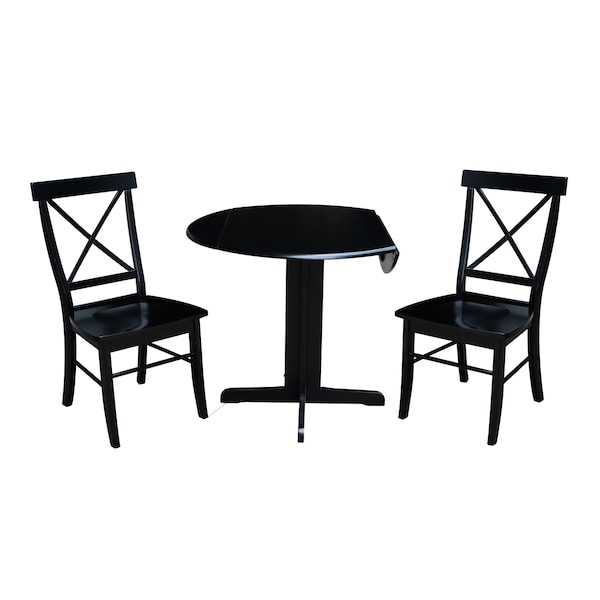 International Concepts Round 36 in Dual Drop Leaf Table with 2 X-Back Chairs, Black, 36 in W, 36 in L, 30 in H, Wood - K46-36RP-C613P