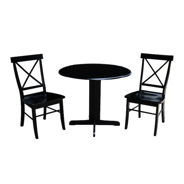 International Concepts Round 36 in Dual Drop Leaf Table with 2 X-Back Chairs, Black, 36 in W, 36 in L, 30 in H, Wood - K46-36RP-C613P