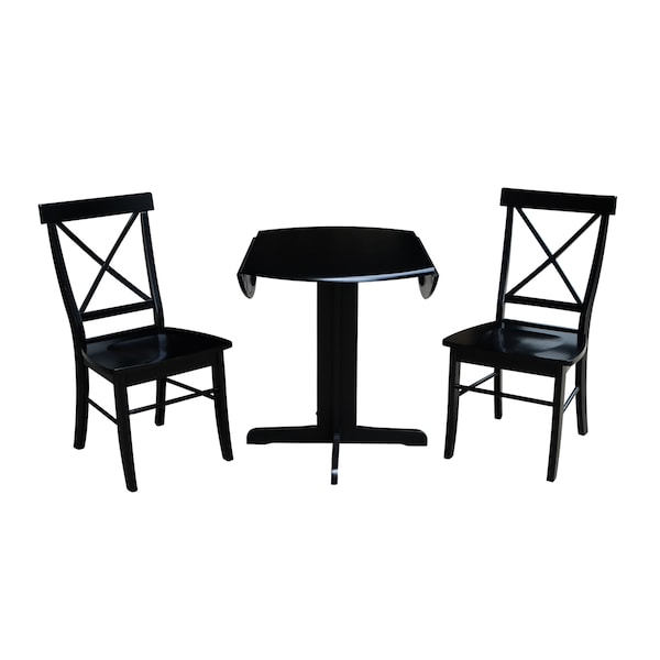 International Concepts Round 36 in Dual Drop Leaf Table with 2 X-Back Chairs, Black, 36 in W, 36 in L, 30 in H, Wood - K46-36RP-C613P