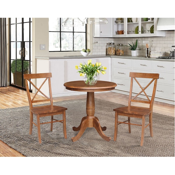 International Concepts Round 30 in Rd Top Pedestal Table, 2 X-Back Chairs, Distressed Oak, 30 in W, 30 in L, 29.1 in H, Wood - K42-30RT-C613-2