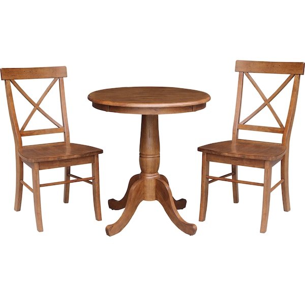 International Concepts Round 30 in Rd Top Pedestal Table, 2 X-Back Chairs, Distressed Oak, 30 in W, 30 in L, 29.1 in H, Wood - K42-30RT-C613-2