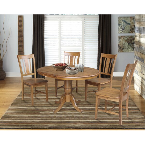 International Concepts Round 36 in Round Top Pedestal Ext Table with 12 in Leaf And 4 RTA Chairs, Pecan, 36 in W, 48 in L - K59-36RXT-C10-4
