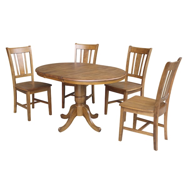 International Concepts Round 36 in Round Top Pedestal Ext Table with 12 in Leaf And 4 RTA Chairs, Pecan, 36 in W, 48 in L - K59-36RXT-C10-4