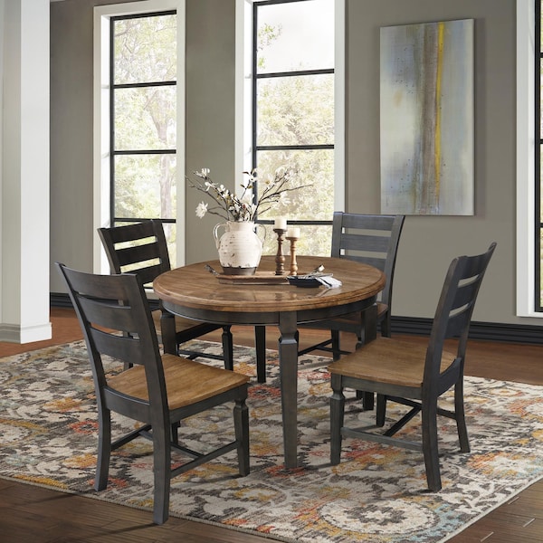 International Concepts Round 44 in Round Top Dining Table with 4 Ladderback Chairs, Hickory/Washed Coal, 44 in W, 44 in L - K45-144R-C57-4