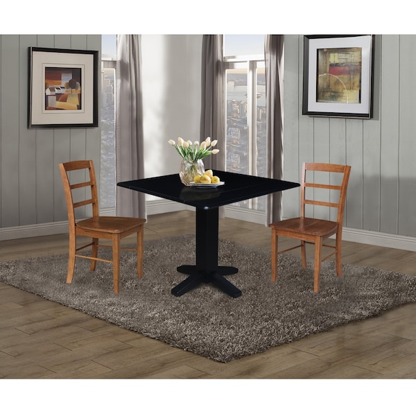 International Concepts 36 in. Solid Wood Square Dual Drop Leaf Dining Table with 2 Chairs in Black/Distressed Oak - K46-36SDP-C42-2-2