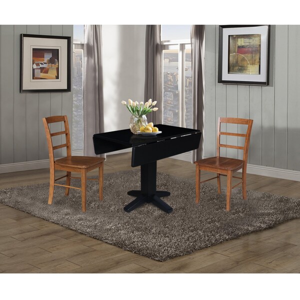 International Concepts 36 in. Solid Wood Square Dual Drop Leaf Dining Table with 2 Chairs in Black/Distressed Oak - K46-36SDP-C42-2-2