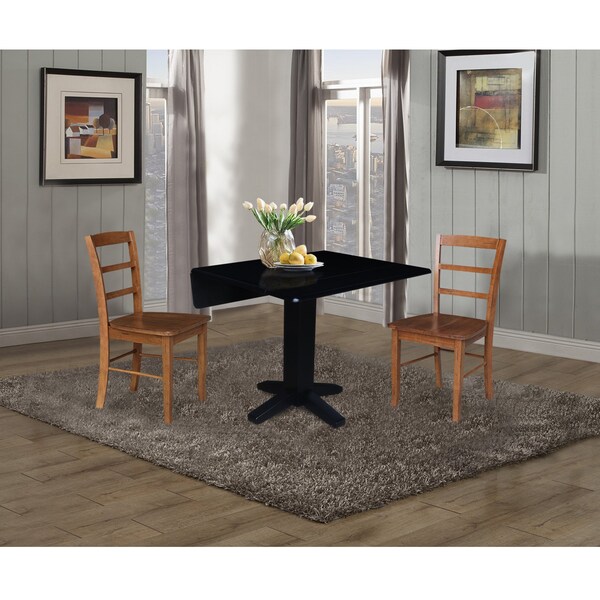 International Concepts 36 in. Solid Wood Square Dual Drop Leaf Dining Table with 2 Chairs in Black/Distressed Oak - K46-36SDP-C42-2-2