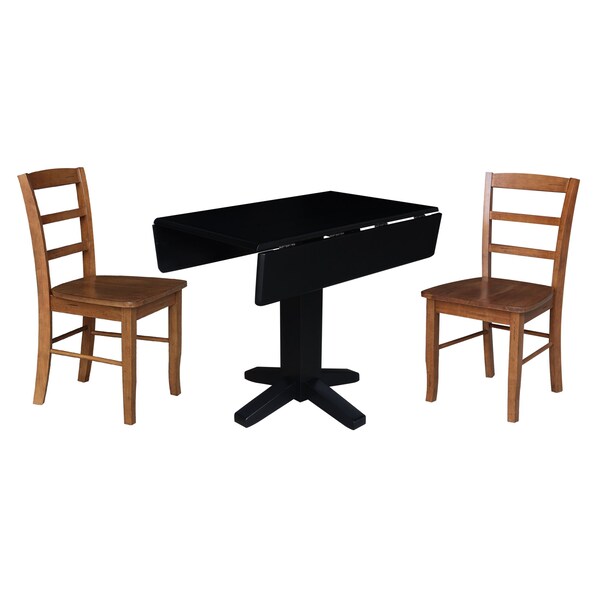 International Concepts 36 in. Solid Wood Square Dual Drop Leaf Dining Table with 2 Chairs in Black/Distressed Oak - K46-36SDP-C42-2-2