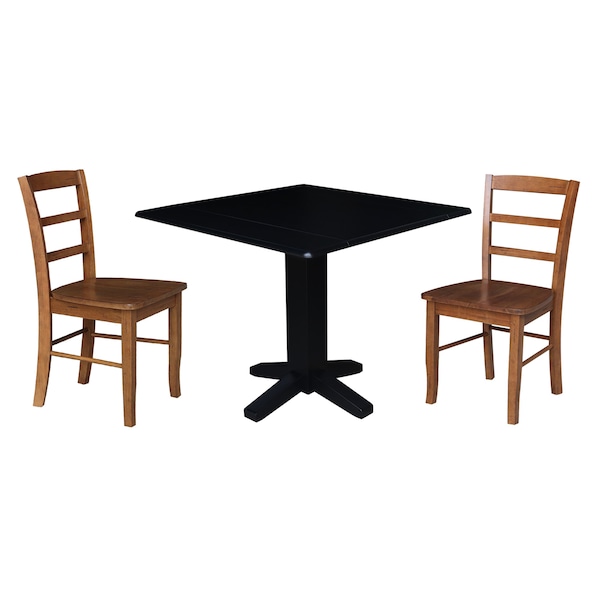 International Concepts 36 in. Solid Wood Square Dual Drop Leaf Dining Table with 2 Chairs in Black/Distressed Oak - K46-36SDP-C42-2-2