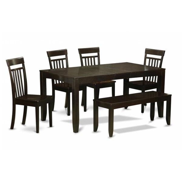 East West Furniture 6 Piece Dining Room Table With Bench-Dining Room Table With Leaf and 4 Dining Chairs Plus Bench - LYCA6-CAP-W