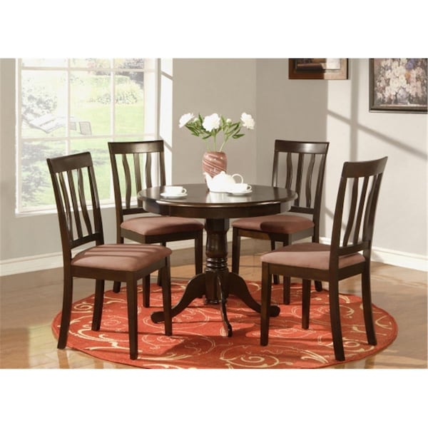 East West Furniture 5 -Piece Antique Round Kitchen 36 in. Table and 4 Chairs with Microfiber Upholstered seat - ANTI5-CAP-C