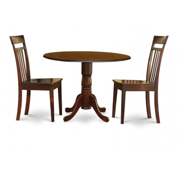 East West Furniture 3PC Kitchen Round Table with 2 Drop Leaves and 2 Slatted-back Chairs with Wood Seat - DLCA3-MAH-W