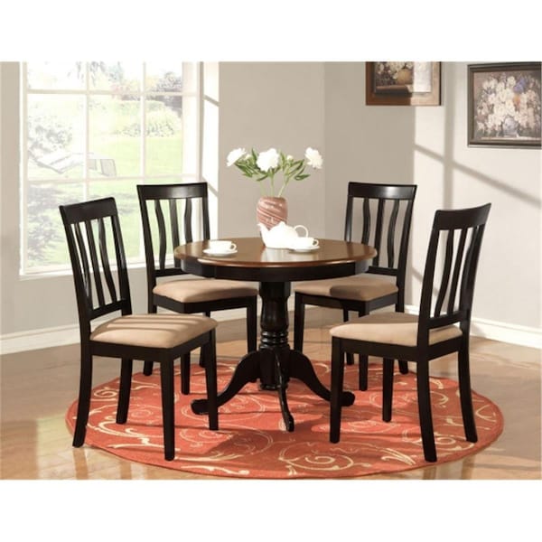 East West Furniture 5 -Piece Antique Round Kitchen 36 in. Table and 4 Chairs with Microfiber Upholstered seat - ANTI5-BLK-C