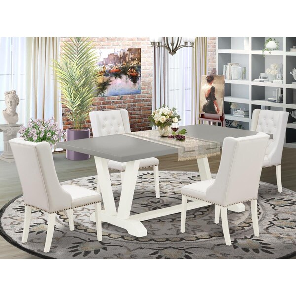 East West Furniture 5 Piece V-Style Dining Room Table Set - Linen White - V097FO244-5