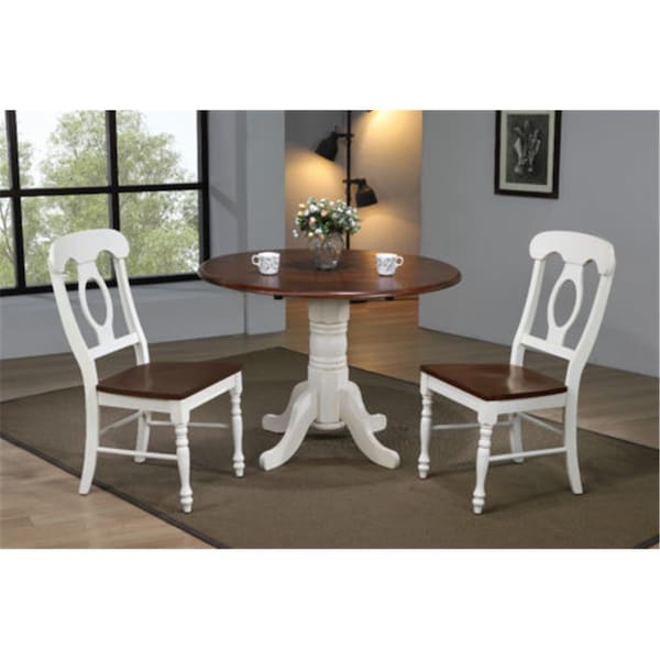 Sunset Trading 42 in. Round Drop Leaf Dining Set in Antique White with Chestnut Top Napoleon Chairs - 3 Piece, 3PK - DLU-ADW4242-C50-AW3PC