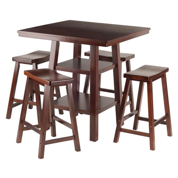 Winsome Trading 5 Piece Orlando High Table 2 Shelves with 4 Saddle Seat Stools Set, Walnut - 94548