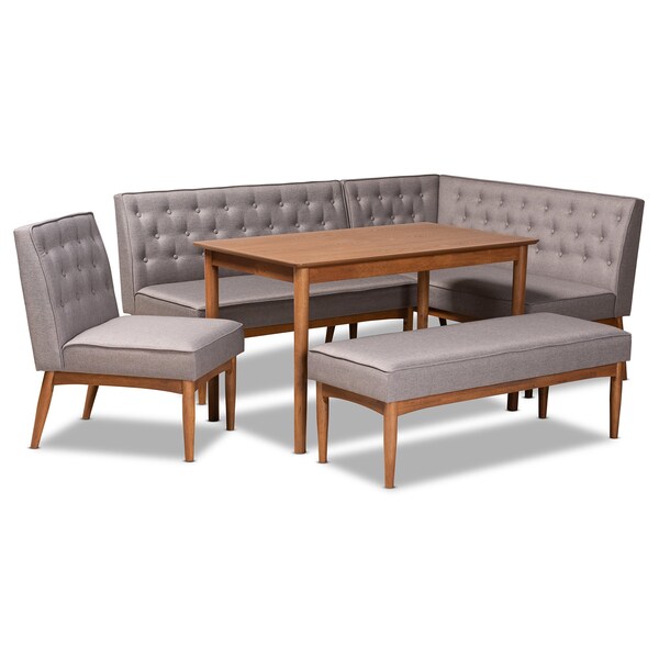 Baxton Studio Riordan Mid-Century Modern Grey Fabric and Walnut Brown Finished Wood 5-Piece Dining Nook Set - 186-11355-11356-9308-9305-ZORO
