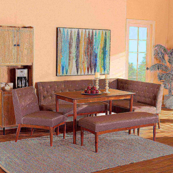 Baxton Studio Riordan Mid-Century Modern Grey Fabric and Walnut Brown Finished Wood 5-Piece Dining Nook Set - 186-11355-11356-9308-9305-ZORO