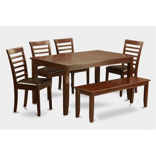 East West Furniture 6 Pc Dudley Dining Table 36x60in with 4 Ladder Back Faux Leather Chairs and 52-in Long Bench - DUML6D-MAH-LC