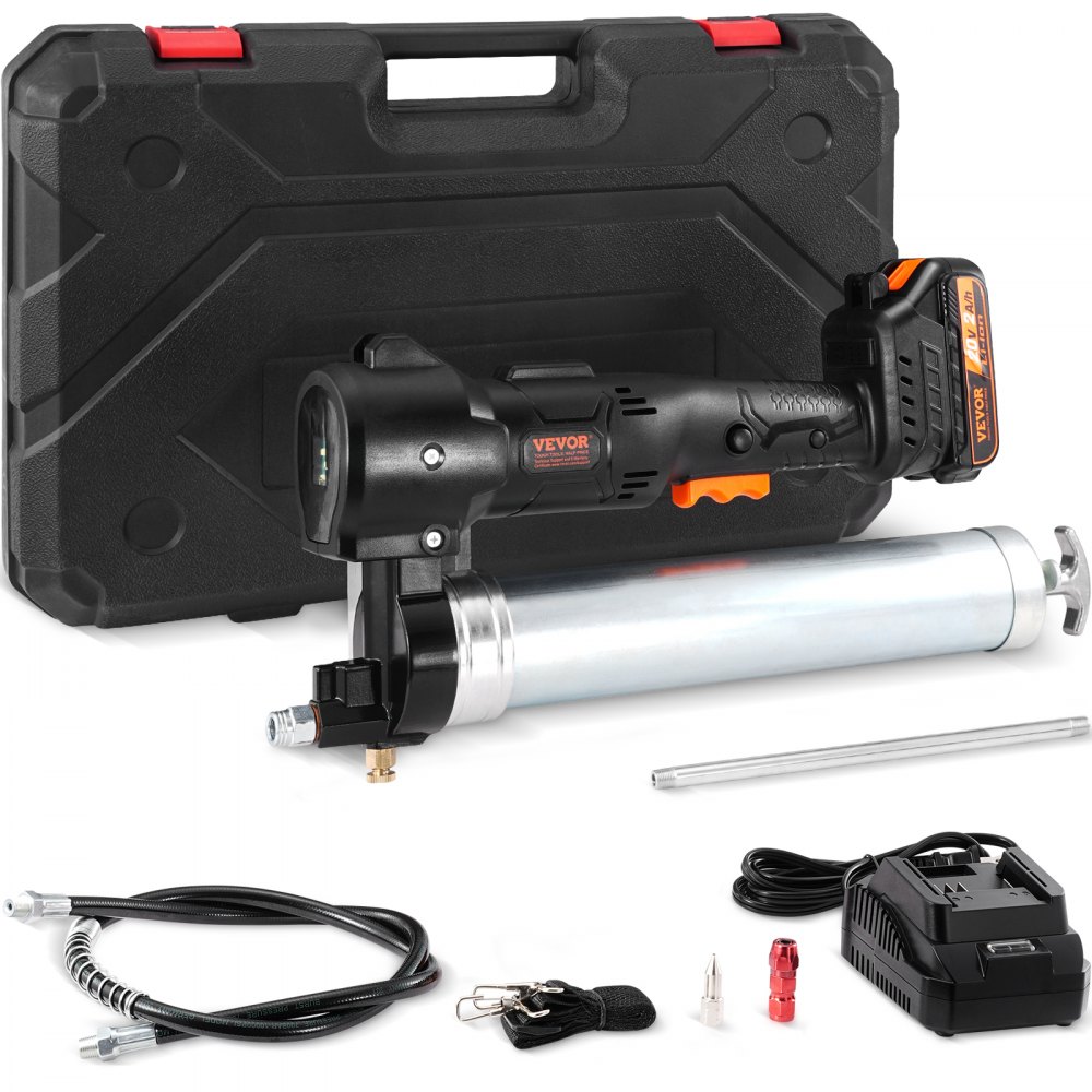 VEVOR Cordless Grease Gun, 20-Volt, 10,000 PSI, 39" Long Hose, Electric Grease Gun Kit Professional High Pressure Battery Powered Grease Gun with Carrying Case, Battery and Charger Included, Black - WSHYQZJDC20VX7AF0V1