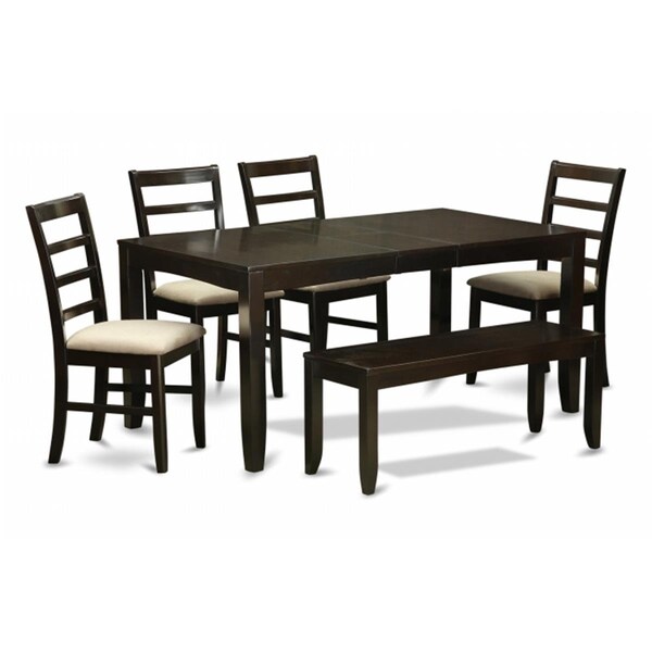 East West Furniture 6 Piece Dining Room Table With Bench-Table With Leaf and 4 Dining Chairs Bench - LYPF6-CAP-C