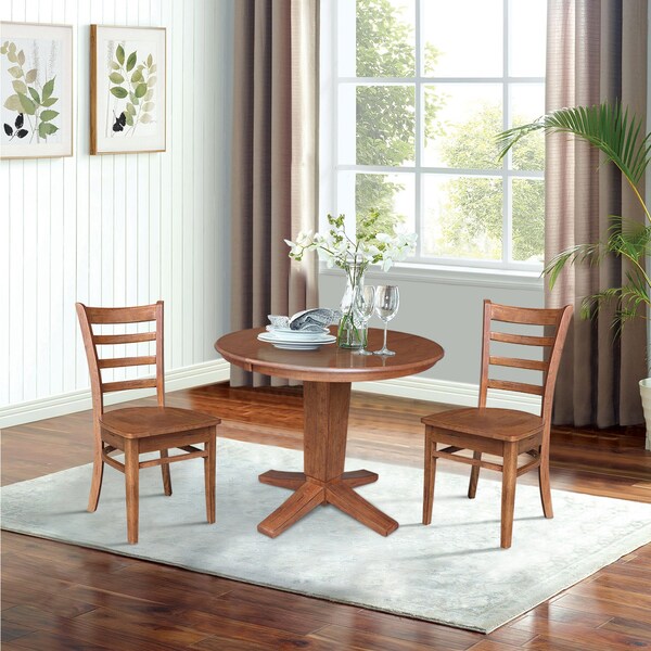 International Concepts 36 in. Solid Wood Round Extension Dining Table with 2 Dining Chairs in Distressed Oak - K42-36RXT-23B-C617-2