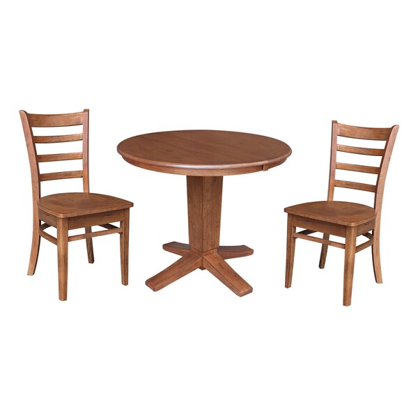 International Concepts 36 in. Solid Wood Round Extension Dining Table with 2 Dining Chairs in Distressed Oak - K42-36RXT-23B-C617-2