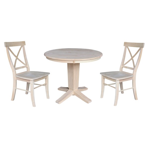 International Concepts 36 in. Solid Wood Round Top Pedestal Dining Table with 2 Chairs, Unfinished - K-36RT-23B-C613-2