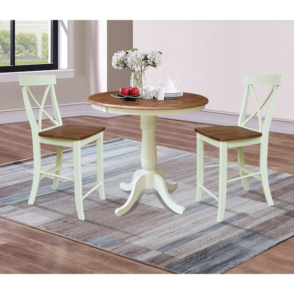 Whitewood Industries Rectangular Fixed Top Extension Pedestal Dining Table W/ 2 Counter Height Stools, 36 in W, 48 in H - K79-36RXT-6B-S6132-2