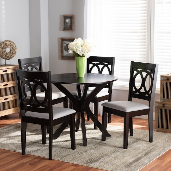 Baxton Studio Sanne Grey Upholstered and Dark Brown Finished Wood 5-Piece Dining Set - 172-9400-10892